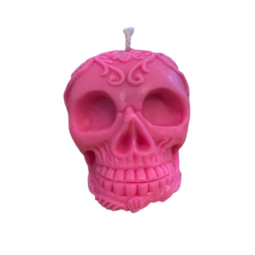 Handmade Candle Halloween Skull Dia de Los Muertos Unscented Hot Pink